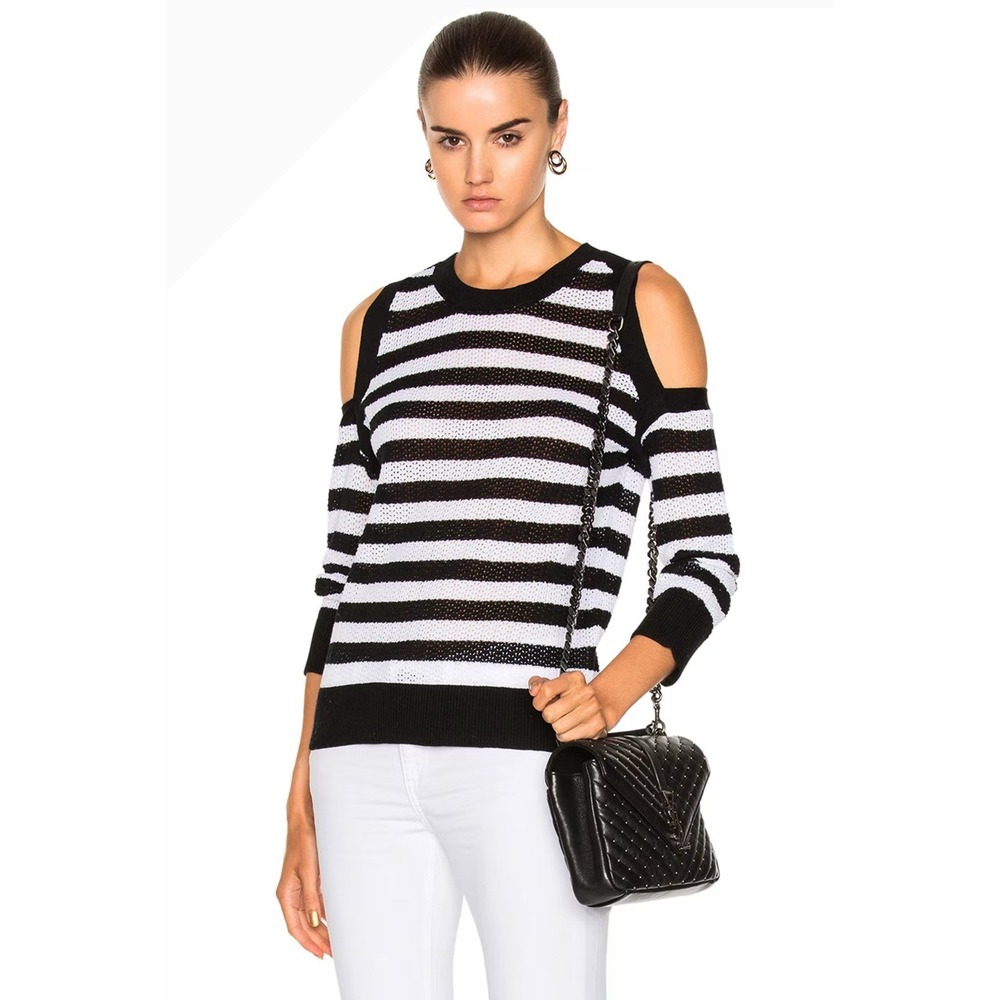 RAG & BONE Cold-shoulder Striped Open-knit Cotton Sweater Black In Black-white S